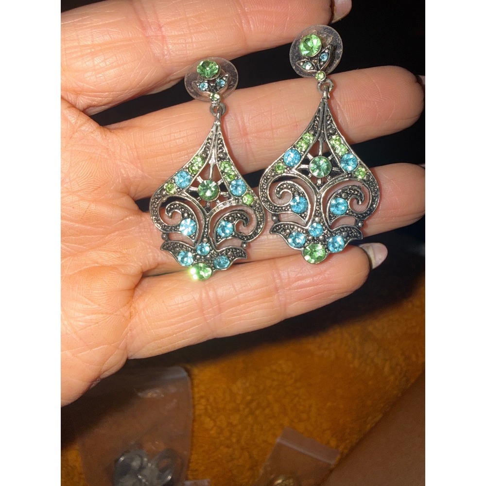 Vintage Style Silver Tone Green Blue Rhinestone Filigree Chandelier Earrings